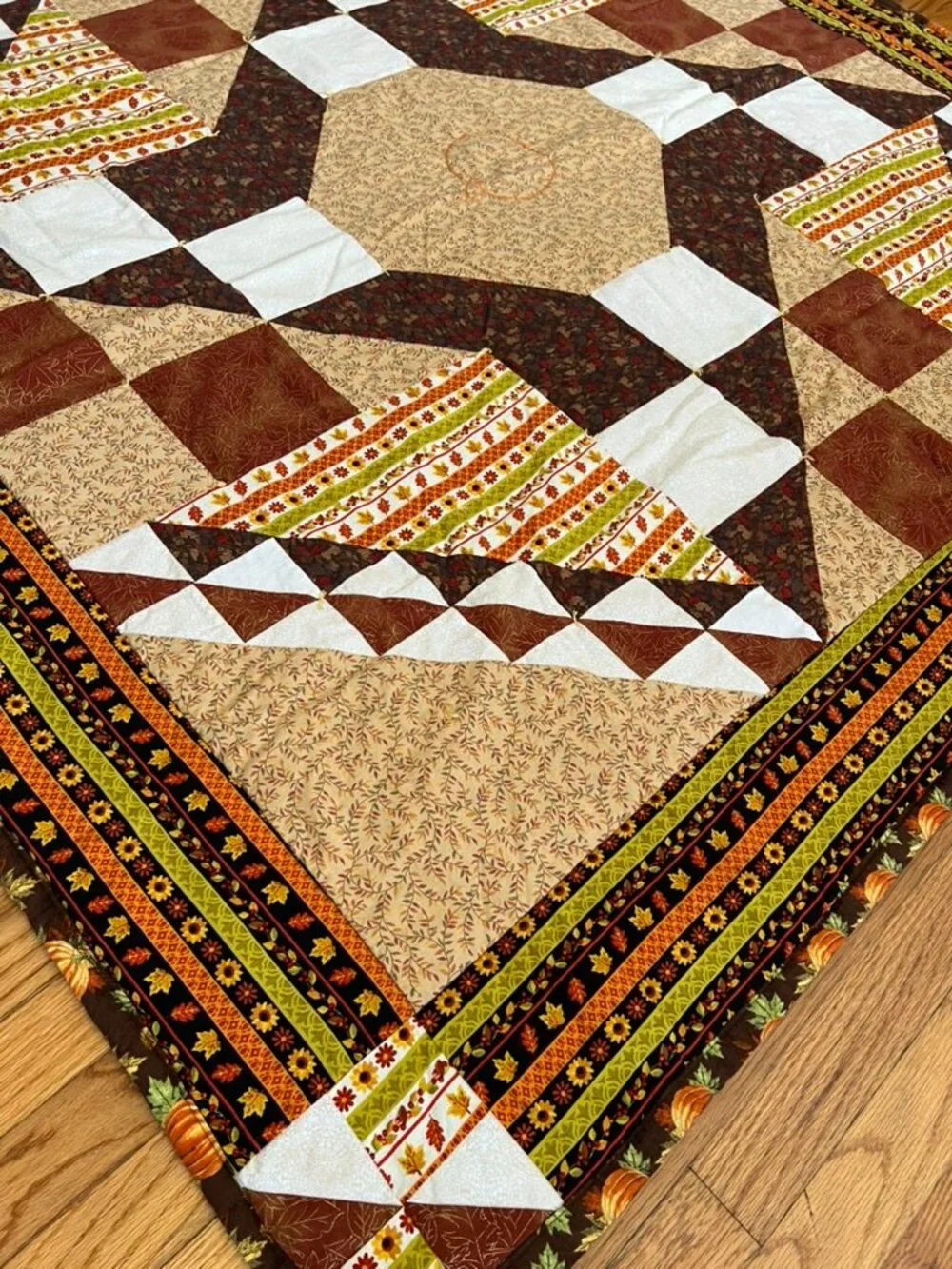 Handmade Fall Patchwork Quilt 64x64 Pumpkin Sunflower Autumn Throw